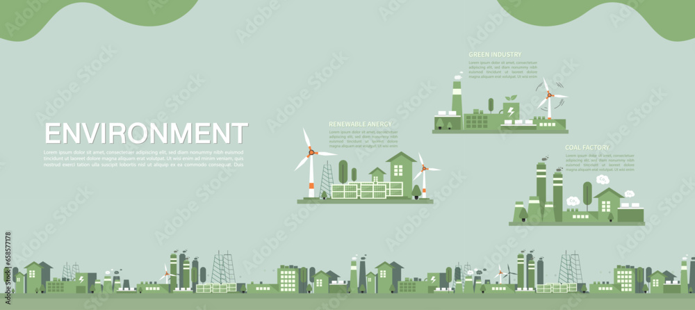 The environment Vector illustration concept. Sustainability. Electric renewable energy station with windmills, solar power plant and coal factory generating electricity for industry. 