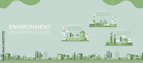 The environment Vector illustration concept. Sustainability. Electric renewable energy station with windmills, solar power plant and coal factory generating electricity for industry. 
