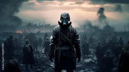 Apocalyptic Scene: Man in Gas Mask Amidst Desolation, Dramatic Cityscape