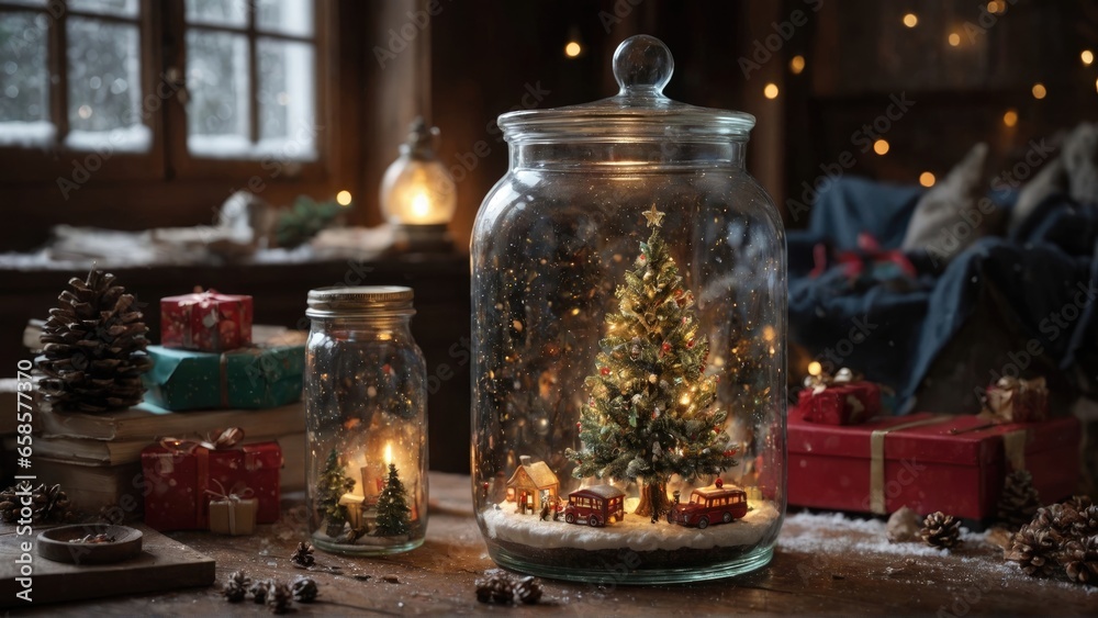 Picture of a christmas tree full of gifts in a big glass jar or bottle, on the wooden table