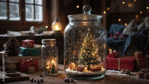 Picture of a christmas tree full of gifts in a big glass jar or bottle, on the wooden table