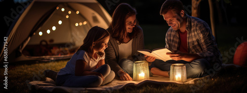 Wallpaper Mural Parent reads a book to a child while camping in a tent in the countryside Torontodigital.ca