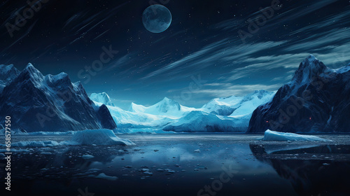 Majestic glacier against a polar night sky. AI generative