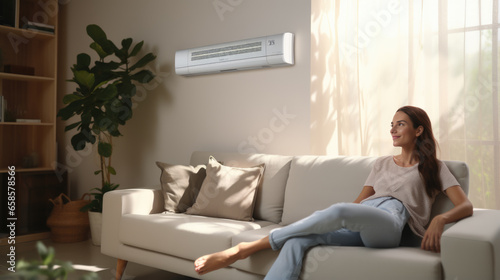 Relaxed young female sitting on huge comfortable couch, enjoying modern air conditioner system in her home. photo
