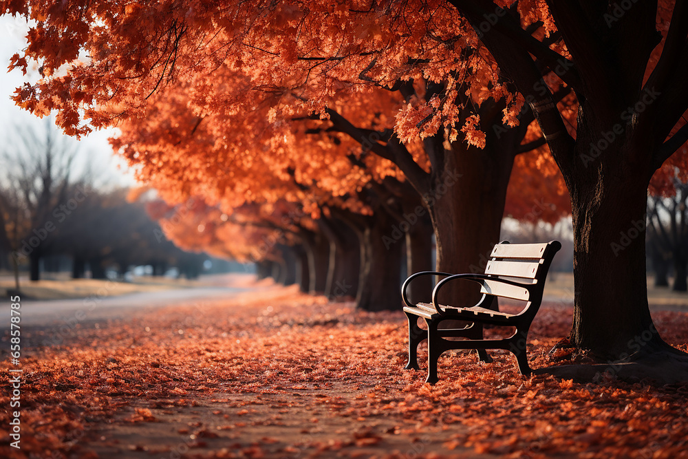 Bench under the tree on an autumn day