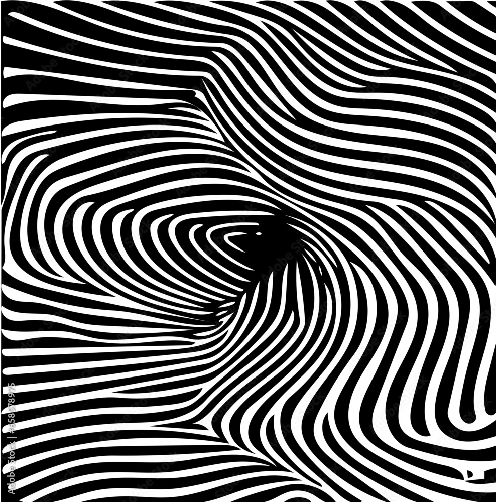 Black and white illustration of psychic waves, spiral pattern, zebra lines, optical illusion art