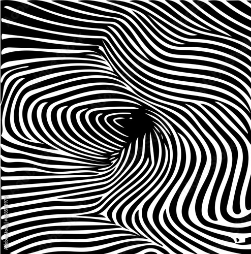 Black and white illustration of psychic waves, spiral pattern, zebra lines, optical illusion art