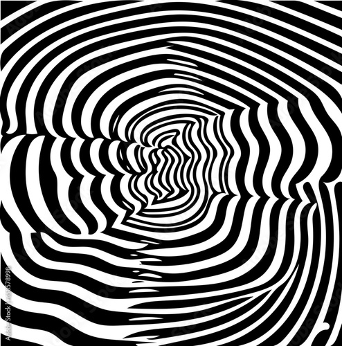 Black and white illustration of psychic waves, spiral pattern, zebra lines, illusion art