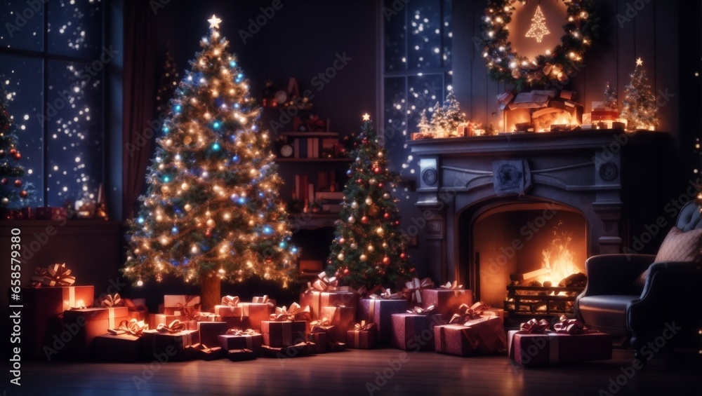 interior christmas. magic glowing tree, fireplace, gifts interior christmas. magic glowing tree, fireplace, gifts