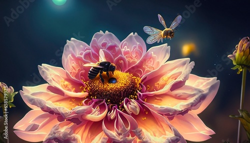 A bee sitting on a dahlia flower in the moonlight generative ai