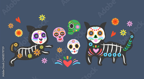 Fototapeta Naklejka Na Ścianę i Meble -  Day of the dead, Dia de los muertos, animals skulls and skeleton decorated with colorful Mexican elements and flowers. 