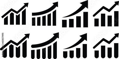 set of black arrows growing up business icons, Graph icons in trendy flat style isolated on transparent background. Chart bar symbol collection for your web site design, logo, app.