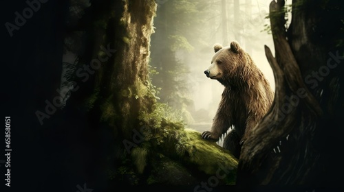 Bear standing by tree trunk
