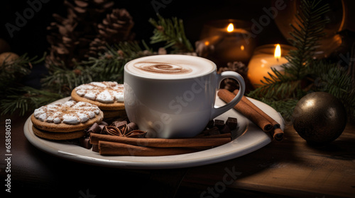 Hot cocoa and murshmallow on top, on a plate with cinnamon sticks with cinamon, oragane, christmas mood photo