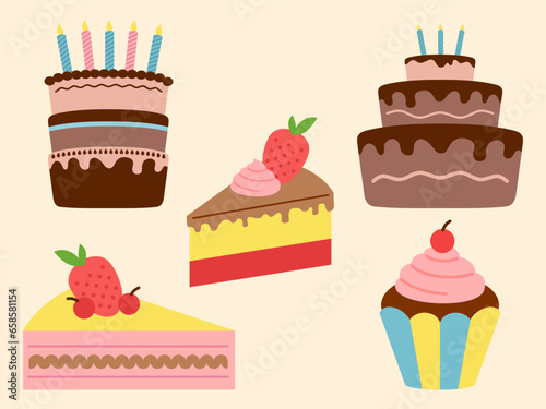 Vector Illustration of Birthday Cake in Vector Cartoon Flat Style. Collection Set of Invitation Card Element.