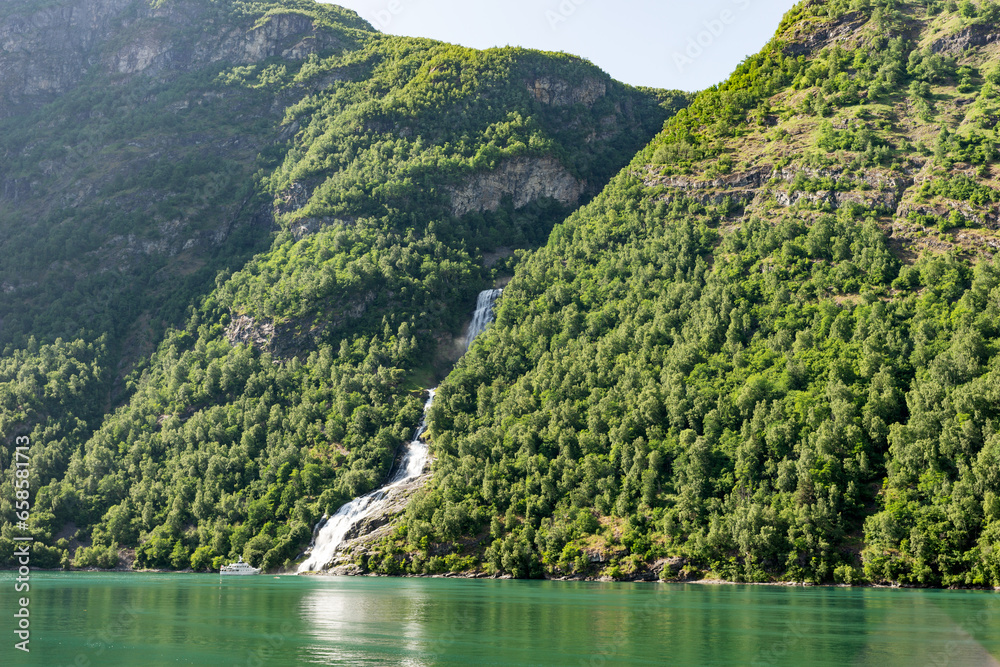 Bringefossen waterfall over Geirangerfjord, located near the Geiranger village. Norway