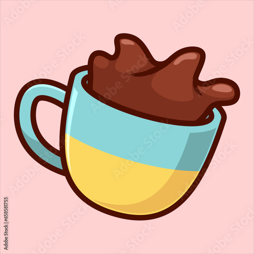 Coffee Cup Floating With Splashing Liquid Vector Icon Illustration. Drink Food Icon Vector Concept. Flat Cartoon Style