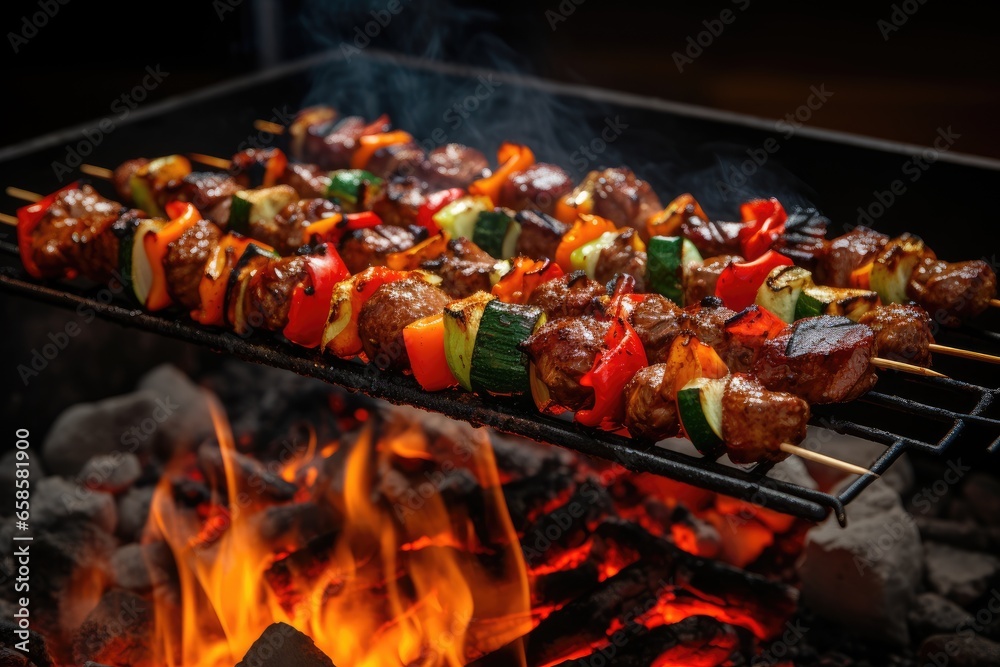 Shish kebab or shish kebab, grilled barbecue with vegetables. Fried pieces of pork meat on metal skewers.