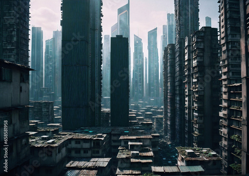 Dystopian cyberpunk future, night time shot of dense city skyscrapers and slums.