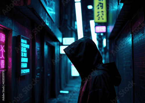 Silhouette of hooded man in neon lights of dystopian cyberpunk future, night time shot of dense city alley ways. photo