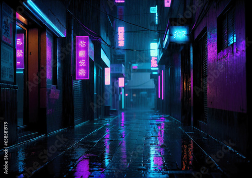 Neon lights of dystopian cyberpunk future, night time shot of dense city alley ways.