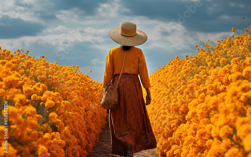 woman walking in a field of flowers