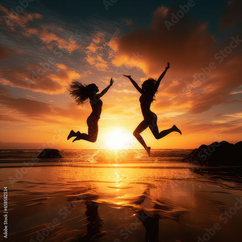 jumping on the beach at sunset