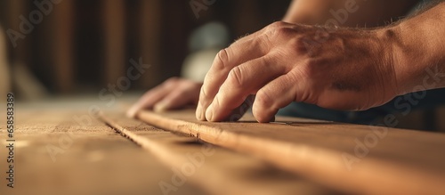 Carpenter working on wooden table in his workshop, closeup © andri