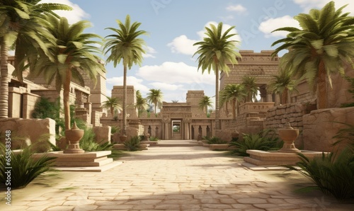 Tall and majestic palm trees surround the ancient temple, adding to its grandeur.