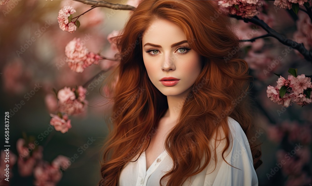 A striking photo of a female with fiery auburn hair, her presence commanding attention and admiration. - obrazy, fototapety, plakaty 