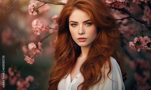 A striking photo of a female with fiery auburn hair, her presence commanding attention and admiration.