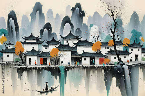 Chinese Painting Landscape Villages