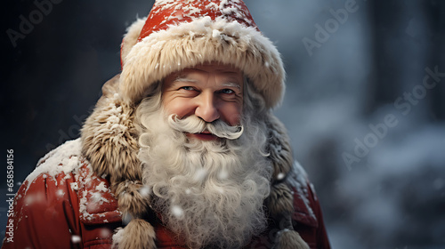 Portrait of a nice and friendly smiling happy old Santa Claus winter background with copy Space, Merry Christmas concept.