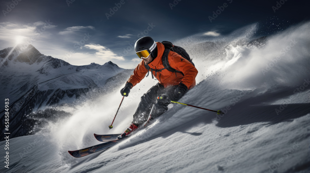 Skier descends a mountain in winter