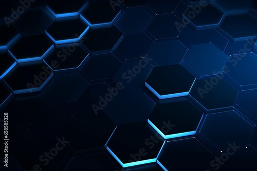 Blue and black hexagonal contemporary pattern set with a focus on rim lighting  dynamic use of shadow  clever core materials  and a colorful mosaic design. tenwave.