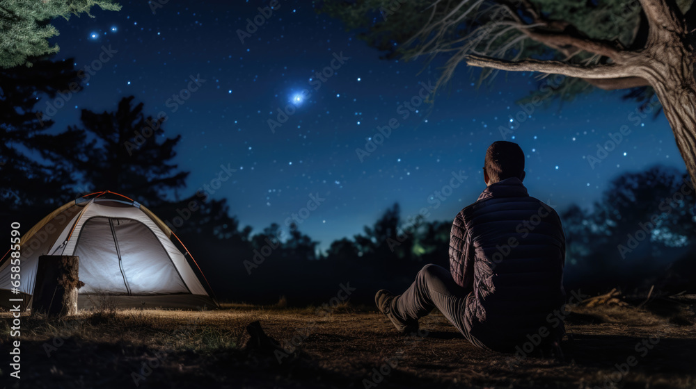 Male camper looks up at the night sky and stars next to his tent in nature
