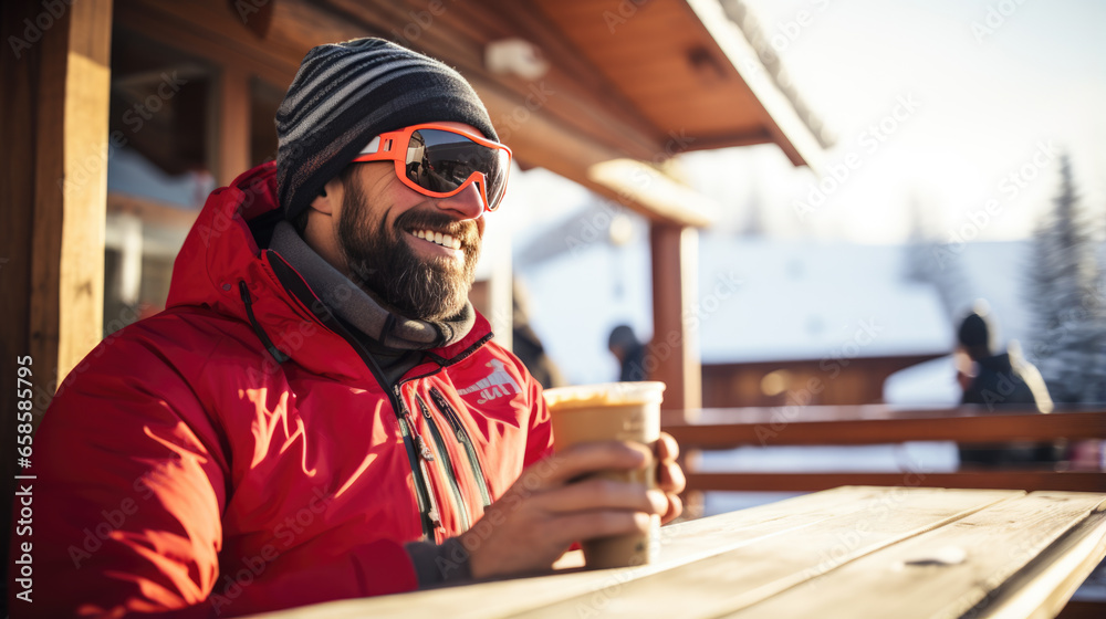 Happy man drinks a hot drink at a skier's cafe at the top of a mountain. Happy man drinks a hot drink at a skier's cafe at the top of a mountain.