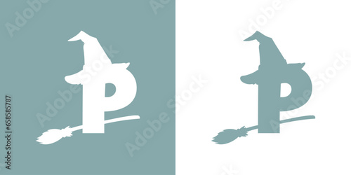 Icono letra inicial P con silueta de sombrero de bruja volando en escoba. Logo para su uso en invitaciones y tarjetas de Halloween