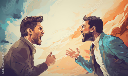 Two men yell at each other, arguing, illustration generated by AI
