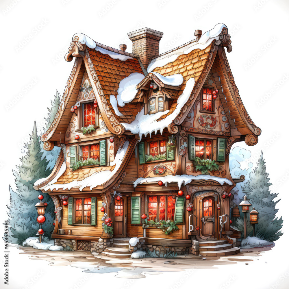 Naklejka premium Magical gingerbread Christmas house in the forest. illustration on white background
