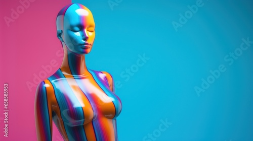 Female rainbow lines mannequin doll sculpture with minimal vivid color background, shiny reflective acrylic, naked upper body bust, future window dresser fashion and style concept. 