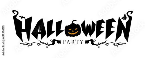 Halloween Party Typography Logo. Halloween Vector Logo Design with Text,Pumpkin, Trunks, Witch and Bat. 