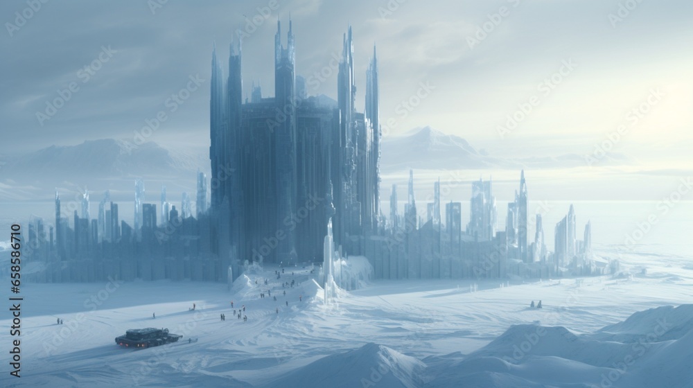 humans building an ice fortress in a snowy landscape.