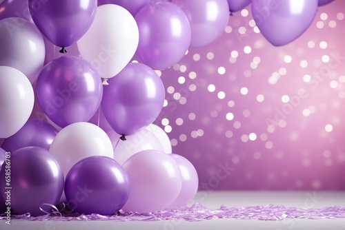 lilane violete und weiße Ballons mit Platz für Text. Querformat. Generative Ai.