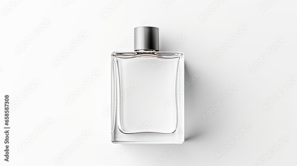 A clean mockup of a bottle of perfume with label isolated on white background top view. - obrazy, fototapety, plakaty 
