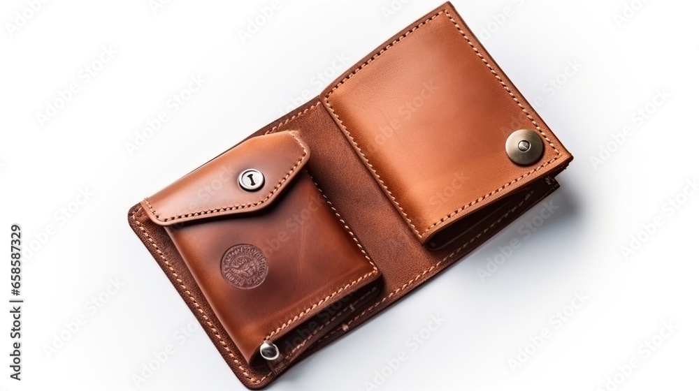 A precise mockup of a wallet with cards and coins isolated on white background top view. - obrazy, fototapety, plakaty 