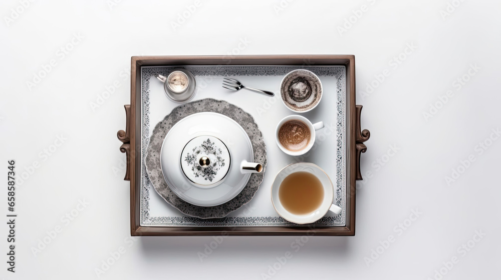 Fototapeta premium An elegant mockup of a tray with tea set isolated on white background top view.