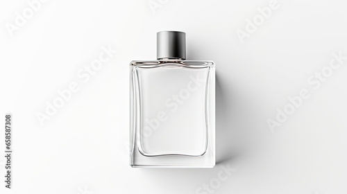 A clean mockup of a bottle of perfume with label isolated on white background top view.
