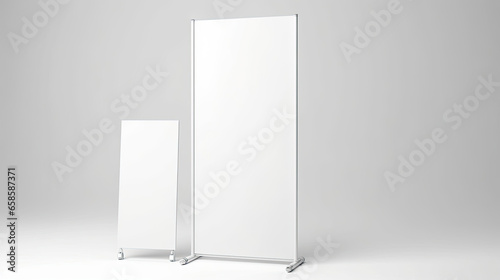 A detailed mockup of a banner stand with custom design isolated on white background top view.