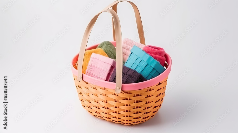 A vibrant mockup of a shopping basket with customizable products isolated on white background top view. A vibrant mockup of a shopping basket with customizable products isolated on white background top view.